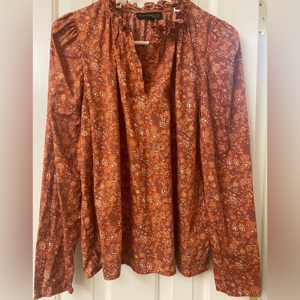 House Of Harlow 1960 Floral Rust Long Sleeve Blouse Size Medium